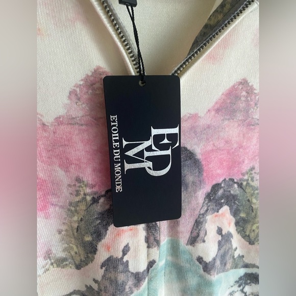 NWT Etoile Du Monde Watercolor Scenic Print Zip Sweater Jacket Soft Multicolor - Picture 7 of 9